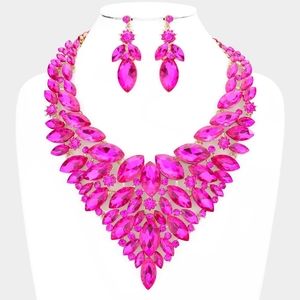Pink Glamour Crystal Necklace Set w Earrings Cluster Marquise Statement Jewelry